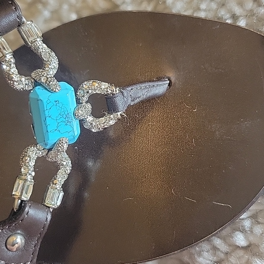 GIUSEPPE ZANOTTI Brown And  Bling Horseshoe And Turquoise Thong Slides Size 37 - Picture 2 of 15